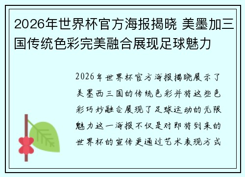 2026年世界杯官方海报揭晓 美墨加三国传统色彩完美融合展现足球魅力